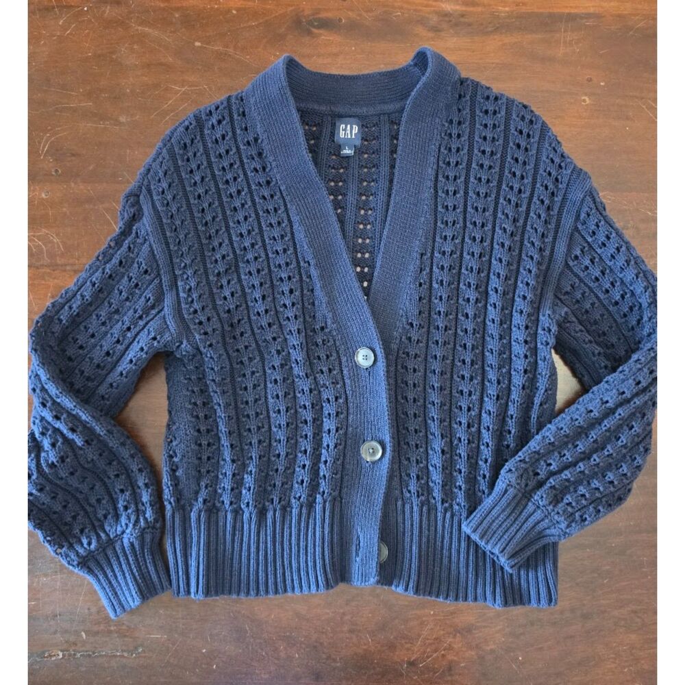 Large dark blue Gap pointelle-knit V-neck fall cardigan